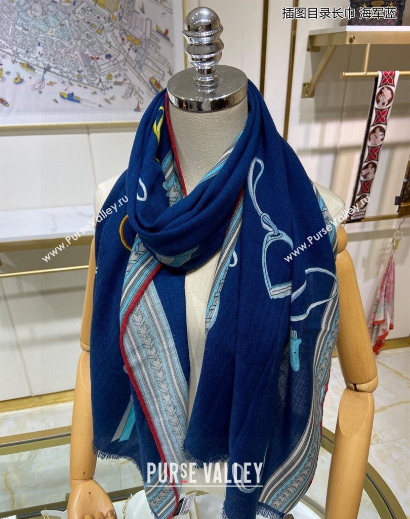 Hermes Et Gris Gris Rectangle Cashmere Long Scarf 65x185cm Navy Blue 2024 (A-240131020)