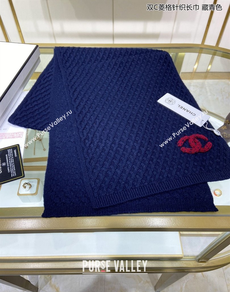 Chanel Knit Cashmere Long Scarf with Maxi CC 30x160cm Navy Blue 2024 0131 (A-240131025)