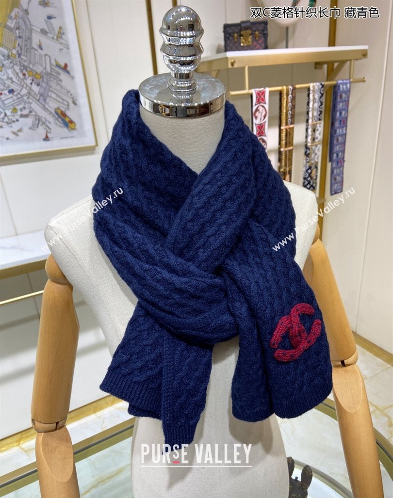 Chanel Knit Cashmere Long Scarf with Maxi CC 30x160cm Navy Blue 2024 0131 (A-240131025)