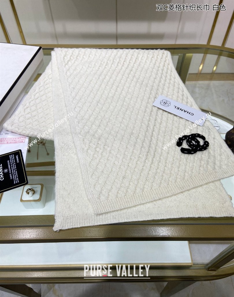 Chanel Knit Cashmere Long Scarf with Maxi CC 30x160cm White 2024 0131 (A-240131026)