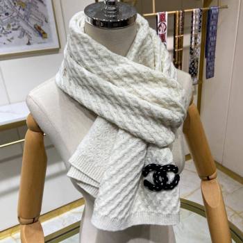 Chanel Knit Cashmere Long Scarf with Maxi CC 30x160cm White 2024 0131 (A-240131026)