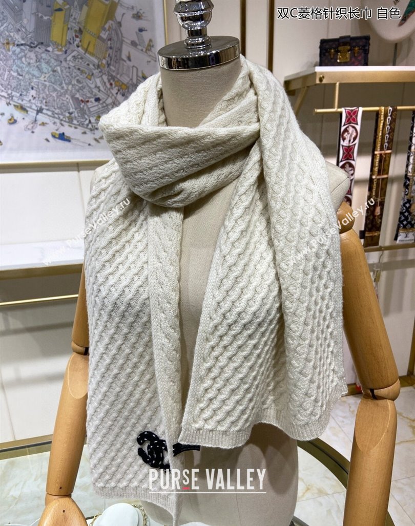 Chanel Knit Cashmere Long Scarf with Maxi CC 30x160cm White 2024 0131 (A-240131026)