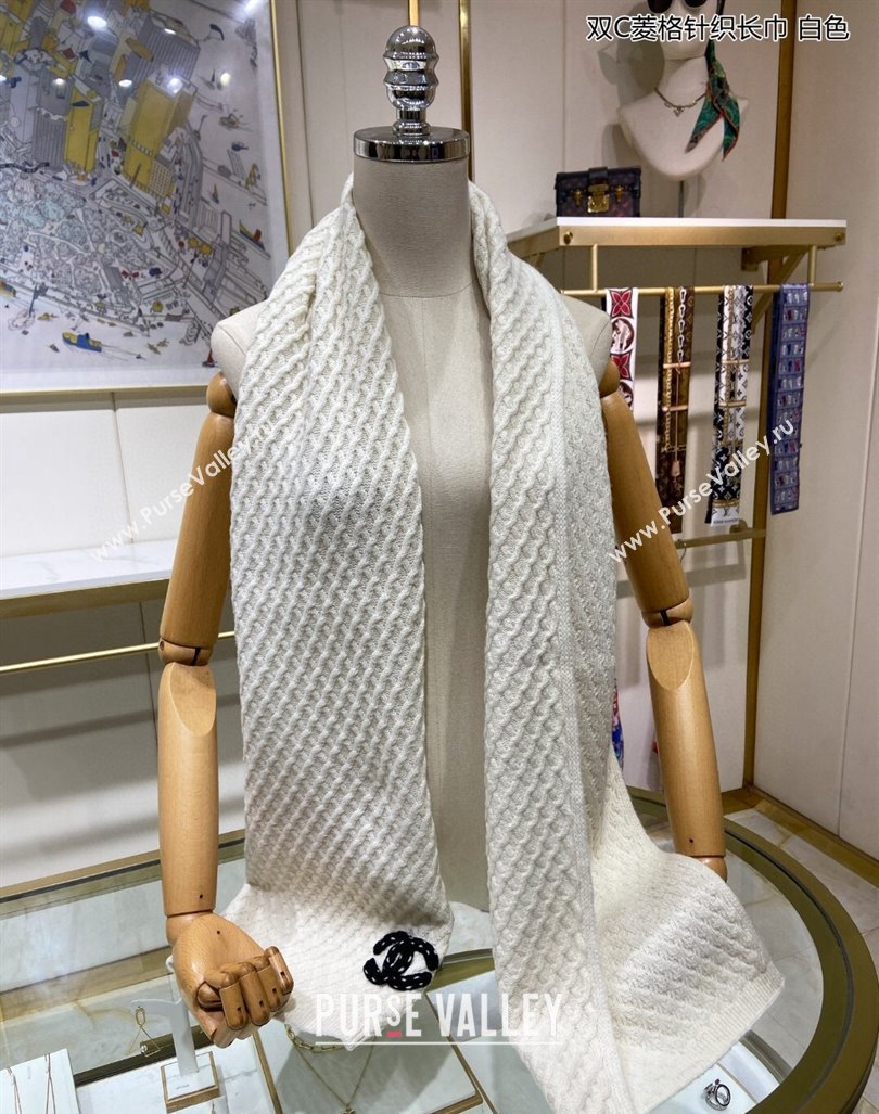 Chanel Knit Cashmere Long Scarf with Maxi CC 30x160cm White 2024 0131 (A-240131026)