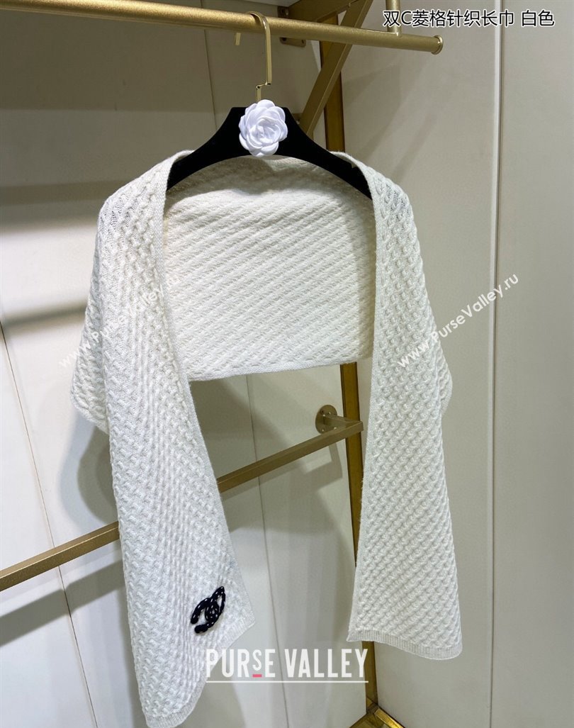 Chanel Knit Cashmere Long Scarf with Maxi CC 30x160cm White 2024 0131 (A-240131026)