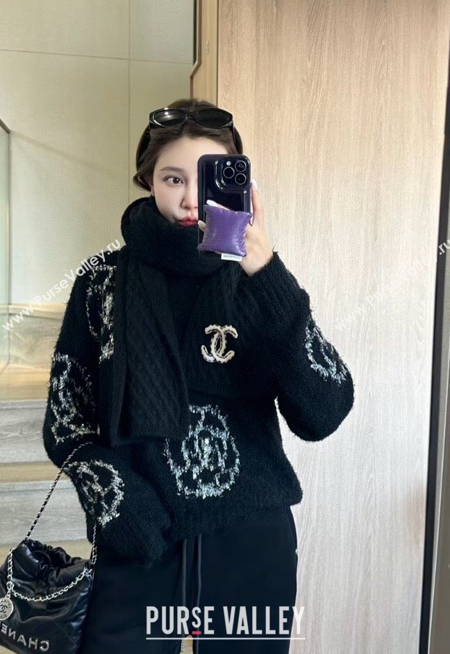 Chanel Knit Cashmere Long Scarf with Maxi CC 30x160cm Black 2024 0131 (A-240131027)