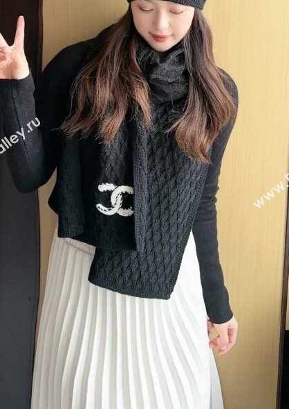 Chanel Knit Cashmere Long Scarf with Maxi CC 30x160cm Black 2024 0131 (A-240131027)