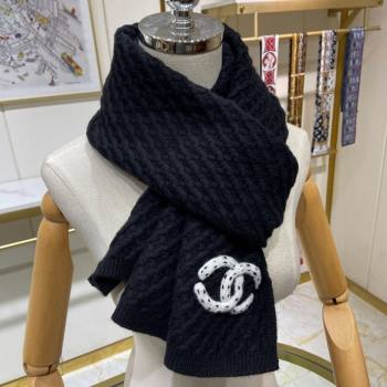 Chanel Knit Cashmere Long Scarf with Maxi CC 30x160cm Black 2024 0131 (A-240131027)