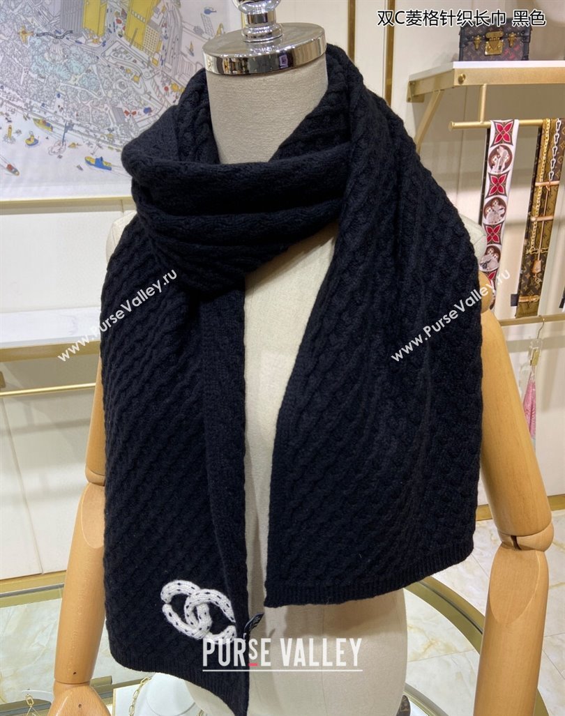 Chanel Knit Cashmere Long Scarf with Maxi CC 30x160cm Black 2024 0131 (A-240131027)