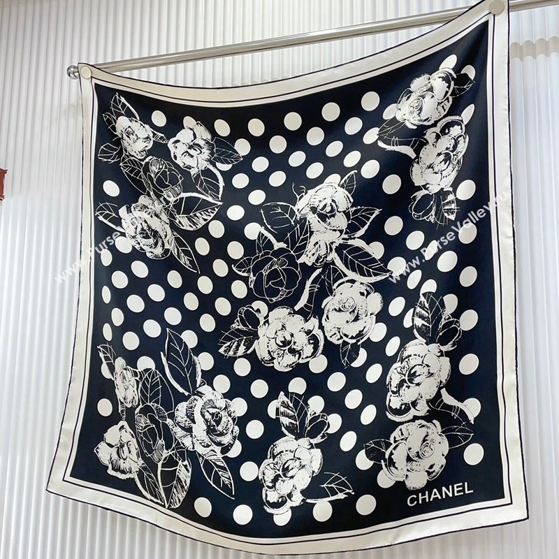 Chanel Camellia Silk Sqaure Scarf 90x90cm Black 2024 0130 (A-24013030)