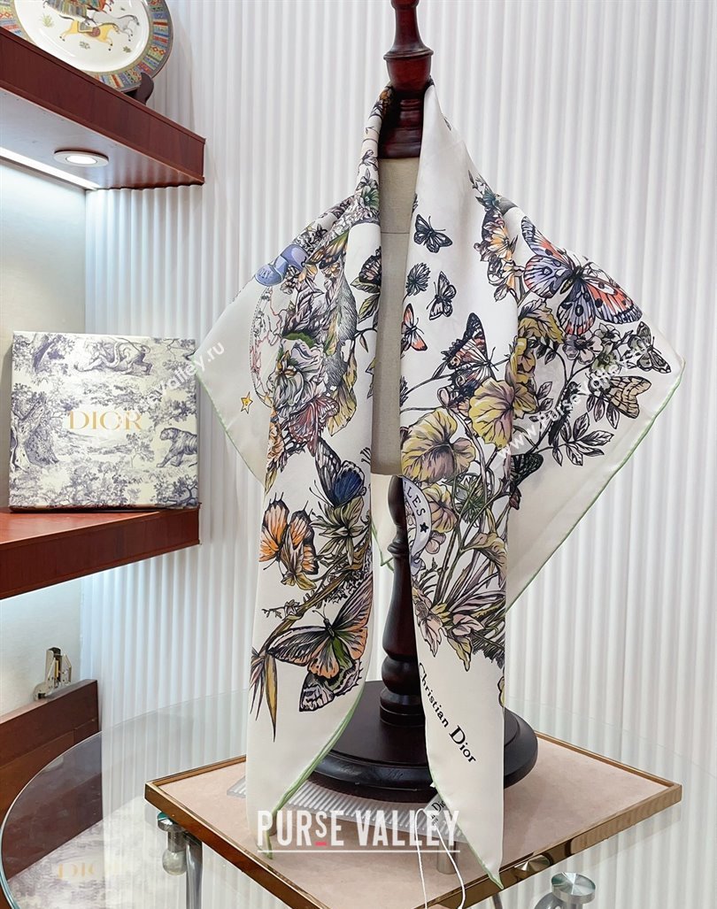 Dior Metamorphose Butterfly Silk Sqaure Scarf 90x90cm White/Green 2024 0130 (A-24013032)