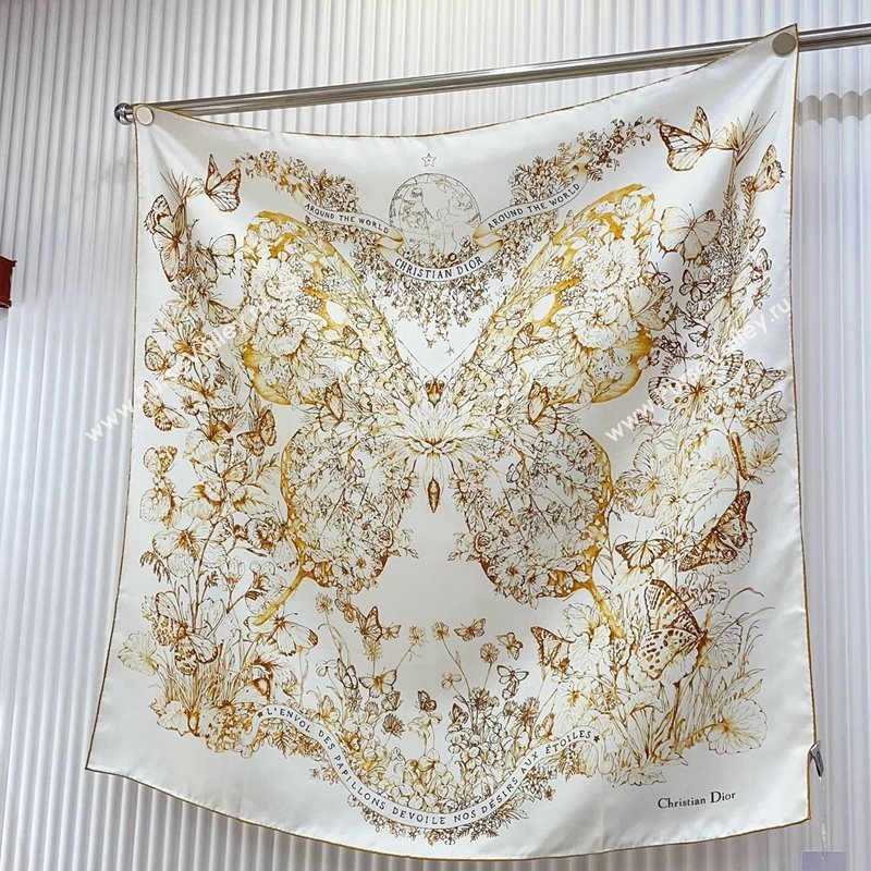 Dior Metamorphose Butterfly Silk Sqaure Scarf 90x90cm White/Gold 2024 0130 (A-24013033)