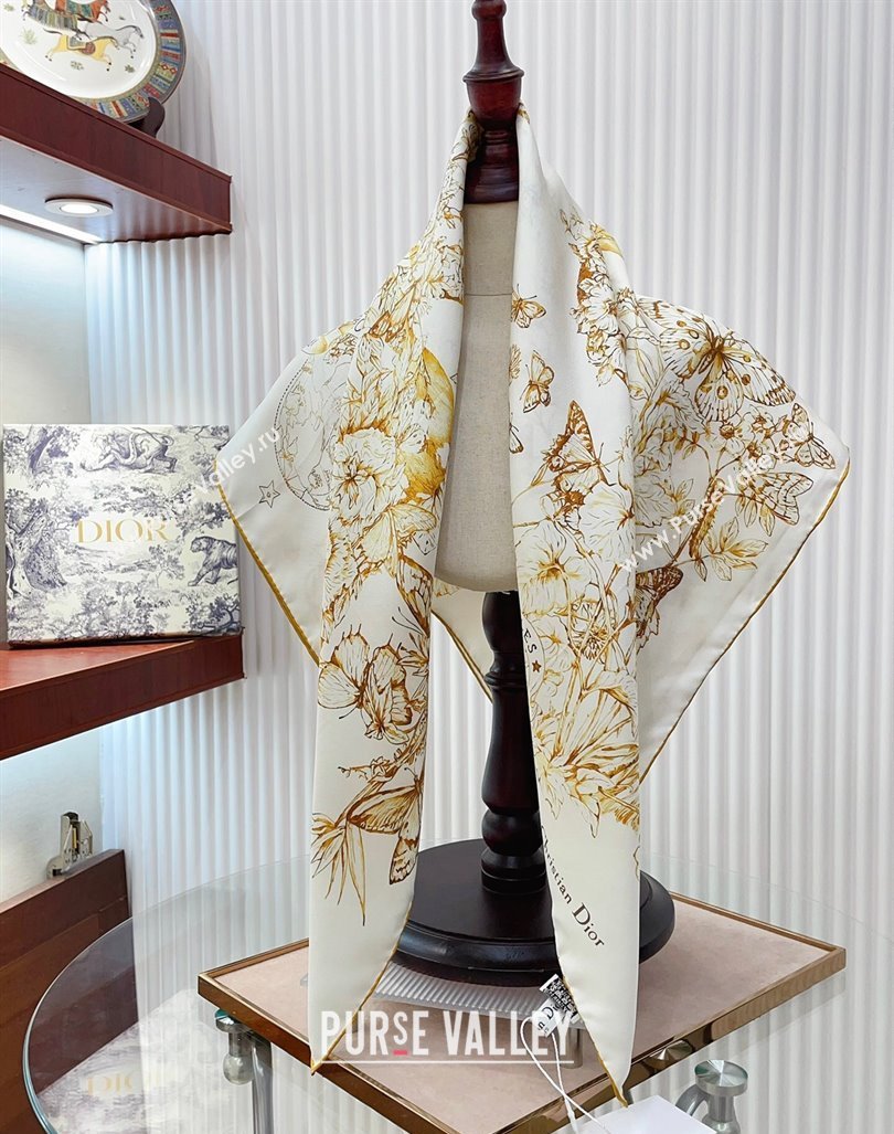 Dior Metamorphose Butterfly Silk Sqaure Scarf 90x90cm White/Gold 2024 0130 (A-24013033)