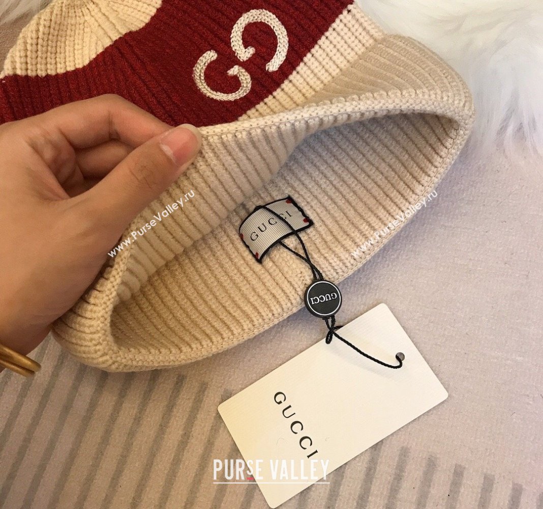 Gucci Knit Hat with Sequins GG Light Beige/Red 2024 0131 (A-240131031)