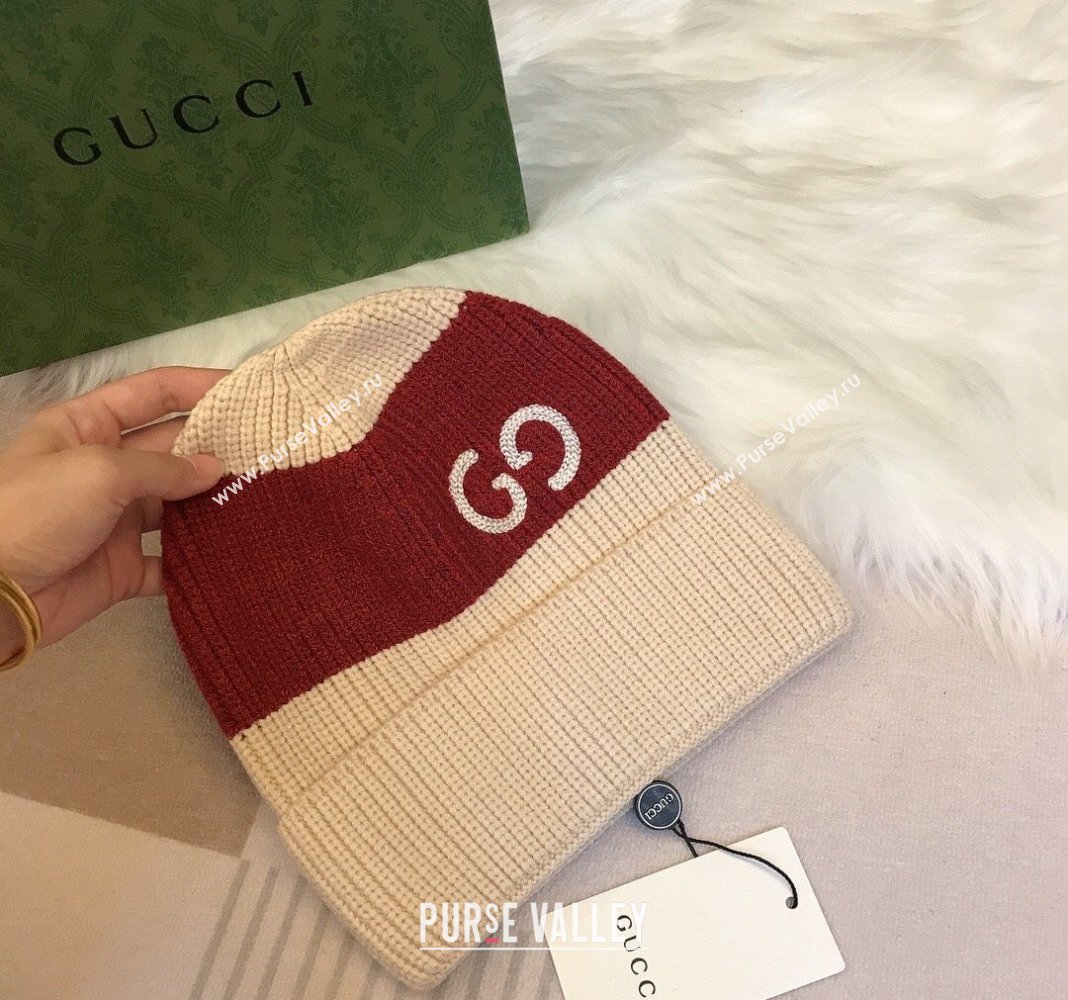 Gucci Knit Hat with Sequins GG Light Beige/Red 2024 0131 (A-240131031)