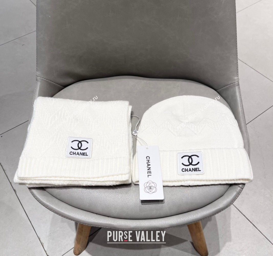 Chanel Knit Hat and Scarf Set White 2024 0130 (A-24013047)