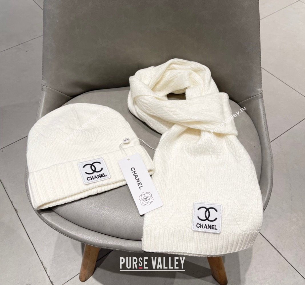 Chanel Knit Hat and Scarf Set White 2024 0130 (A-24013047)