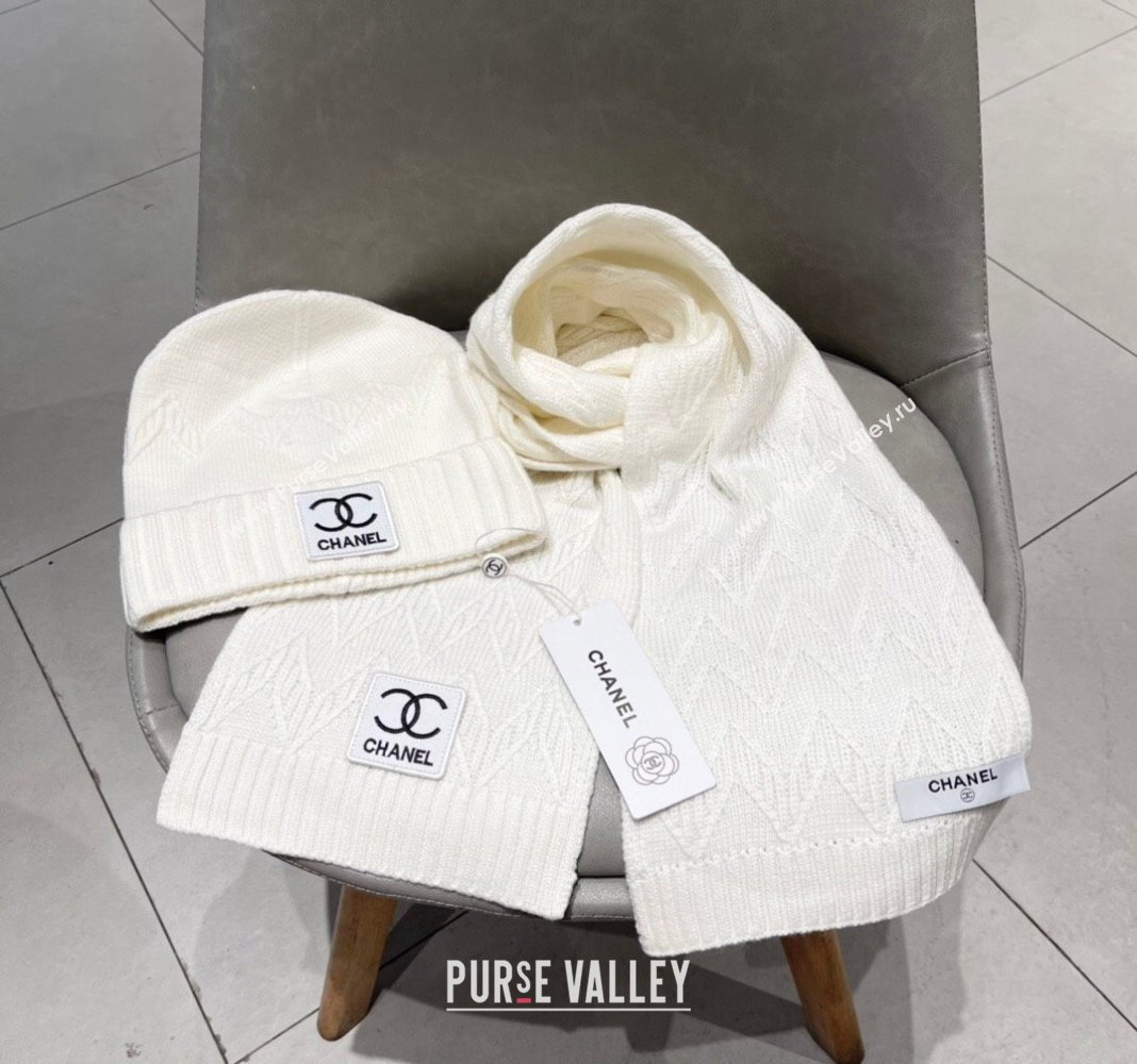 Chanel Knit Hat and Scarf Set White 2024 0130 (A-24013047)