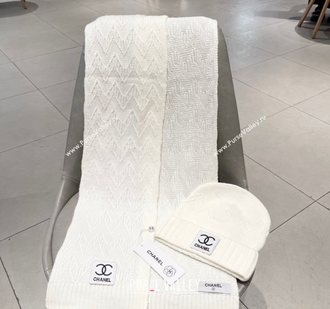 Chanel Knit Hat and Scarf Set White 2024 0130 (A-24013047)