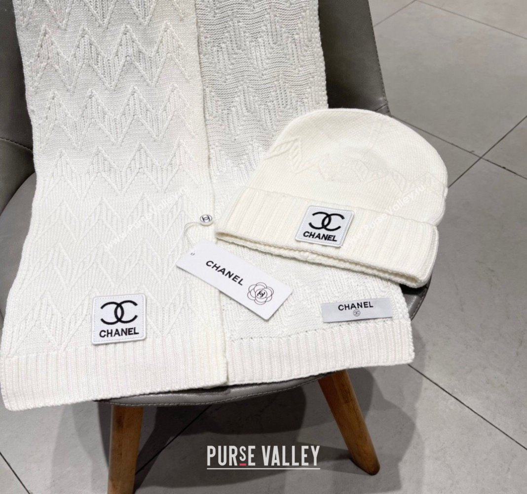 Chanel Knit Hat and Scarf Set White 2024 0130 (A-24013047)