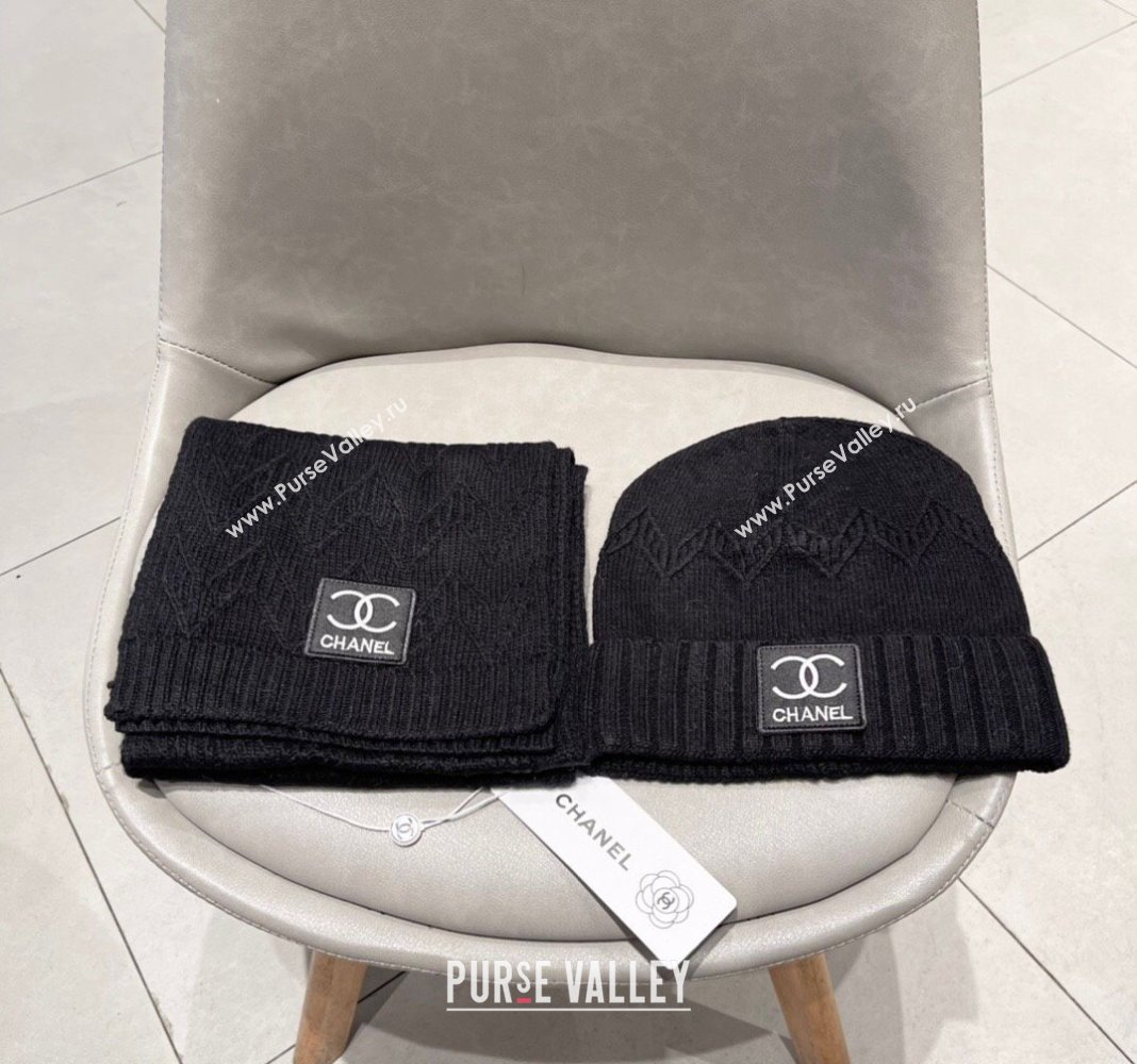 Chanel Knit Hat and Scarf Set Black 2024 0130 (A-24013048)