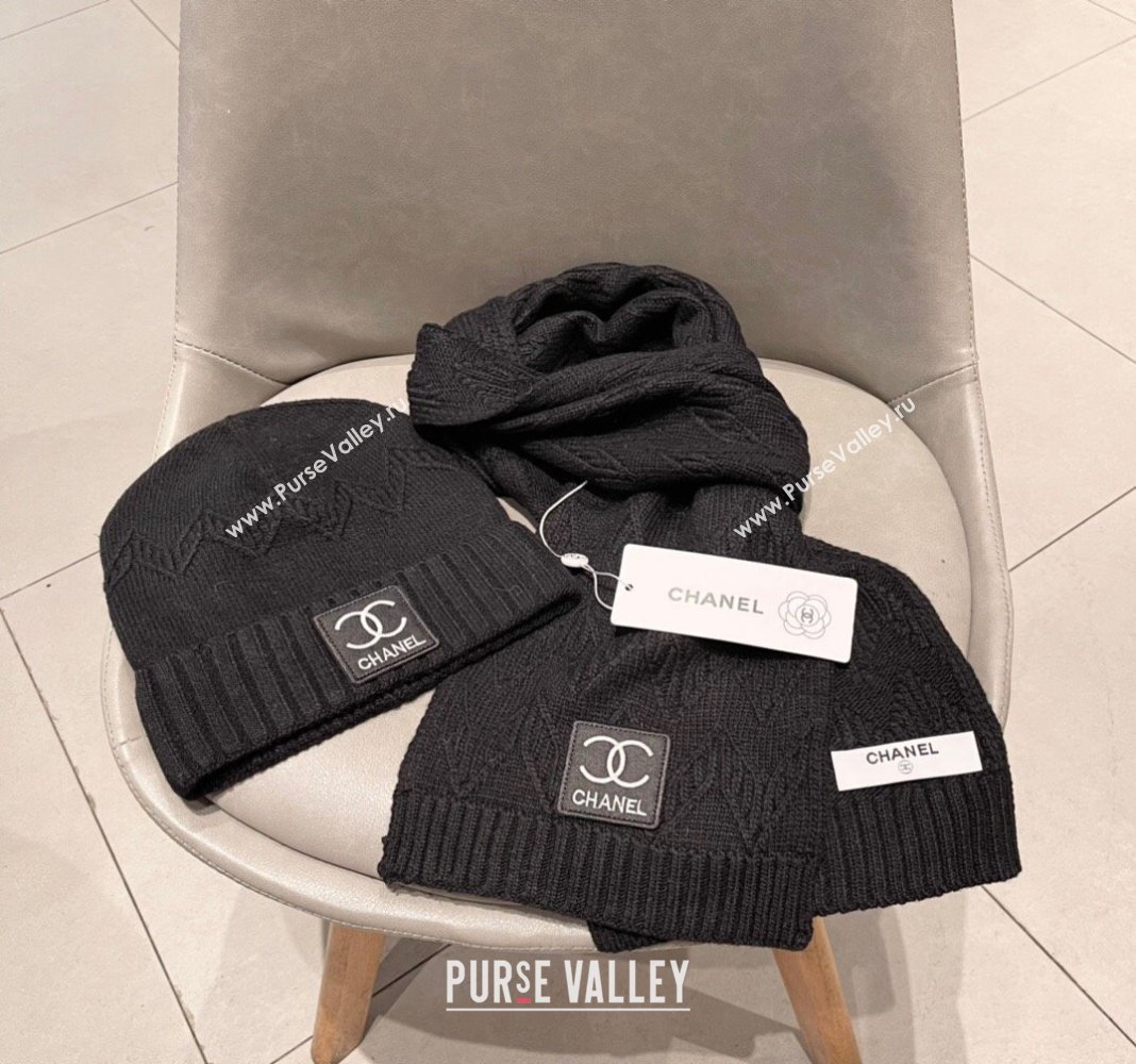 Chanel Knit Hat and Scarf Set Black 2024 0130 (A-24013048)