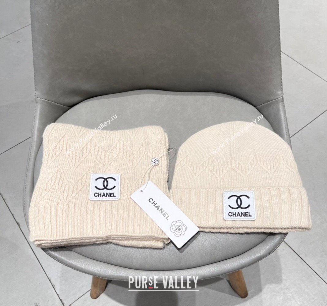 Chanel Knit Hat and Scarf Set Light Beige 2024 0130 (A-24013049)