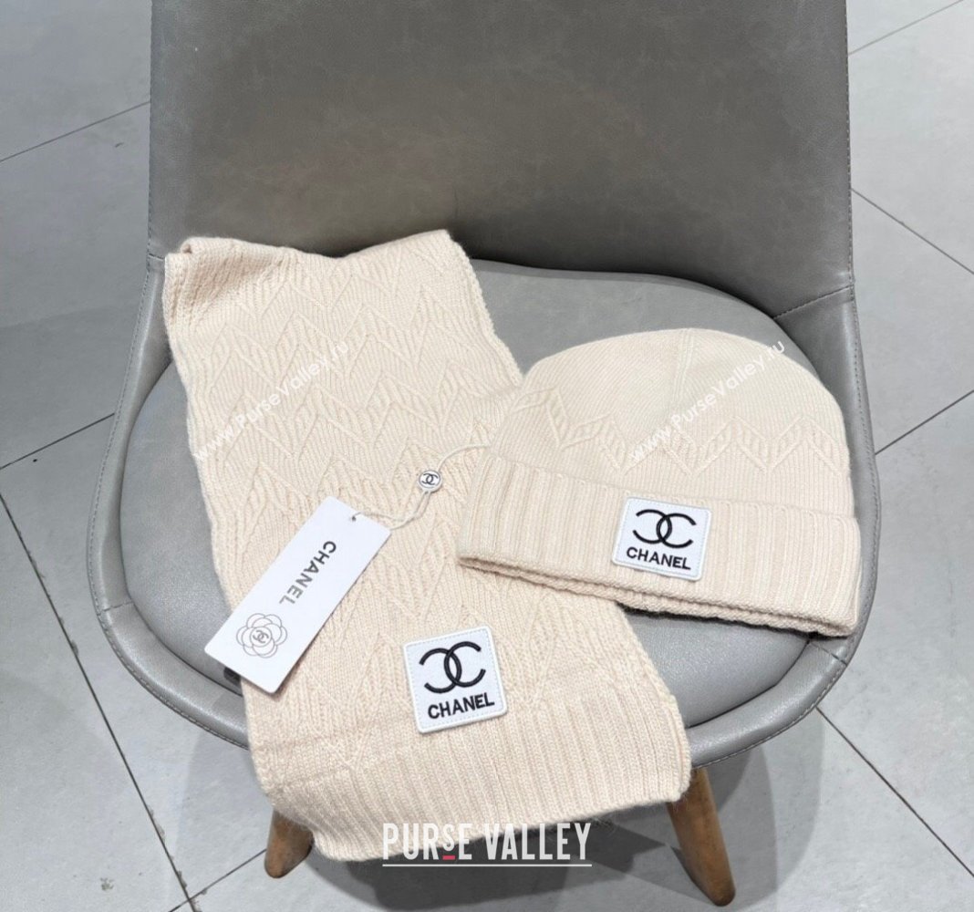 Chanel Knit Hat and Scarf Set Light Beige 2024 0130 (A-24013049)