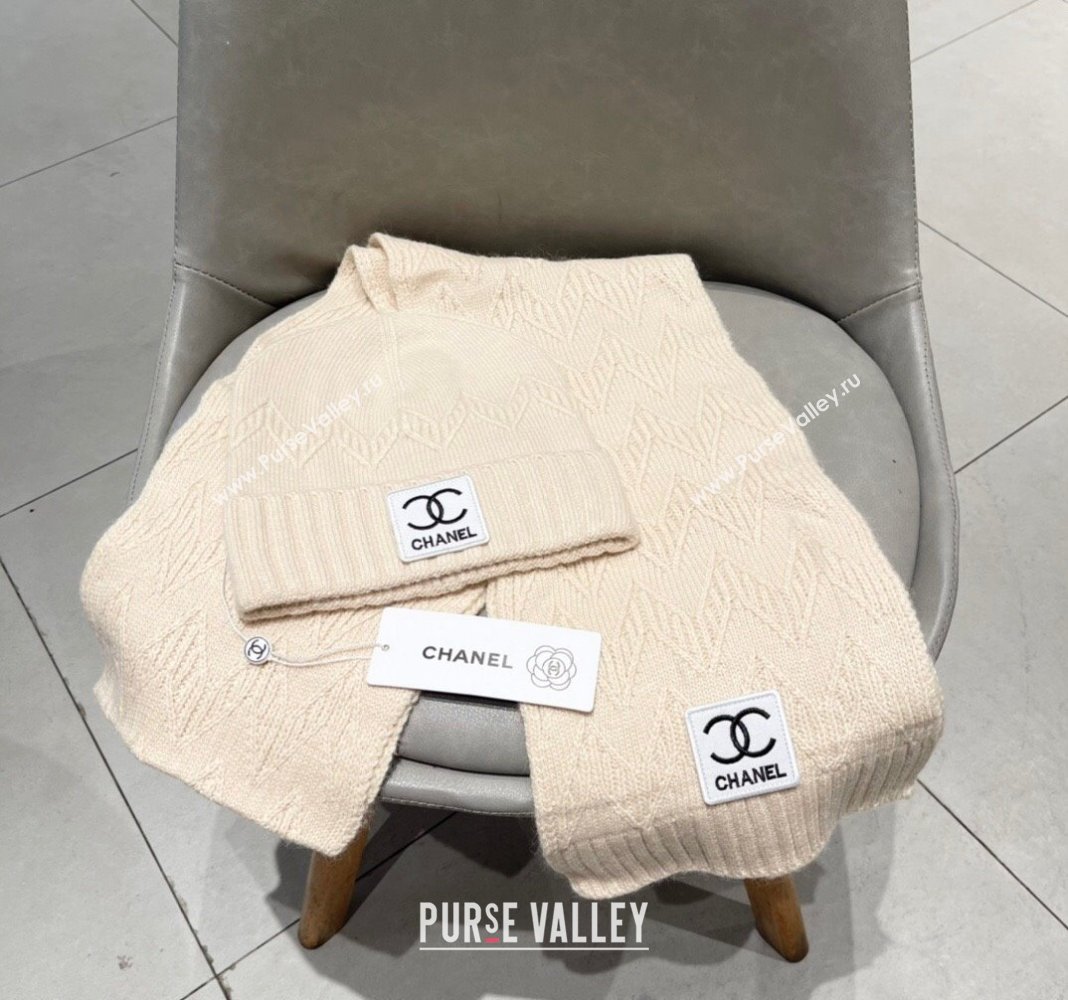 Chanel Knit Hat and Scarf Set Light Beige 2024 0130 (A-24013049)