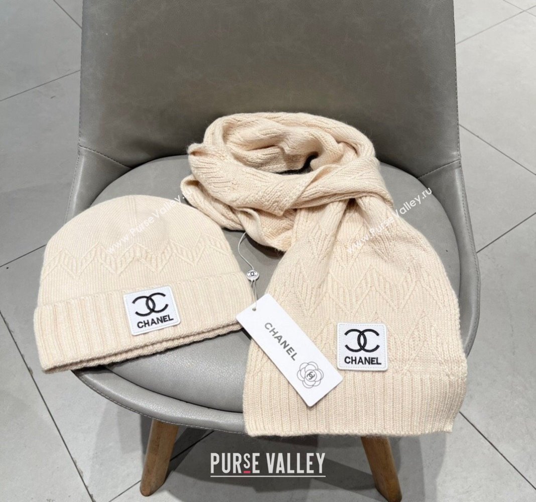 Chanel Knit Hat and Scarf Set Light Beige 2024 0130 (A-24013049)