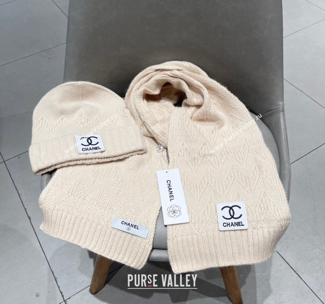 Chanel Knit Hat and Scarf Set Light Beige 2024 0130 (A-24013049)