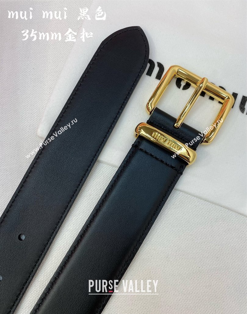 Miu Miu Leather Belt 3.5cm Black/Shiny Gold 2024 5432 (99-240131155)