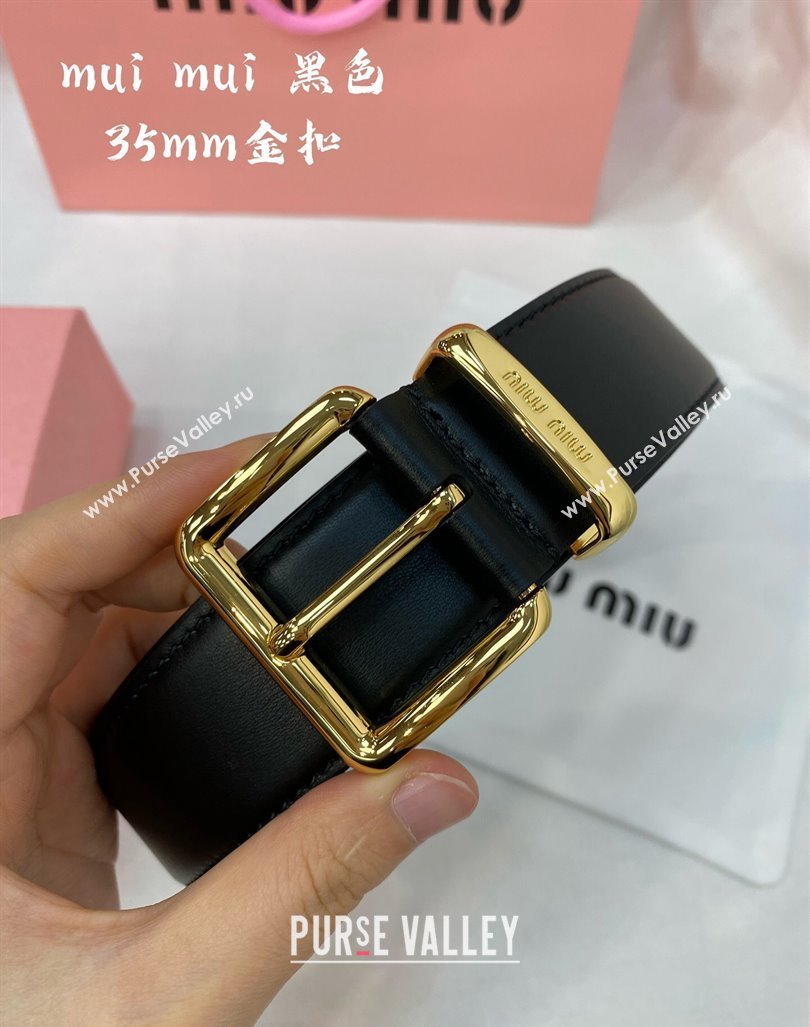 Miu Miu Leather Belt 3.5cm Black/Shiny Gold 2024 5432 (99-240131155)