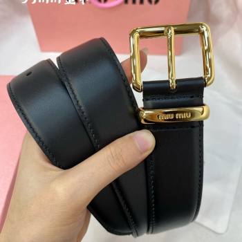 Miu Miu Leather Belt 3.5cm Black/Shiny Gold 2024 5432 (99-240131155)