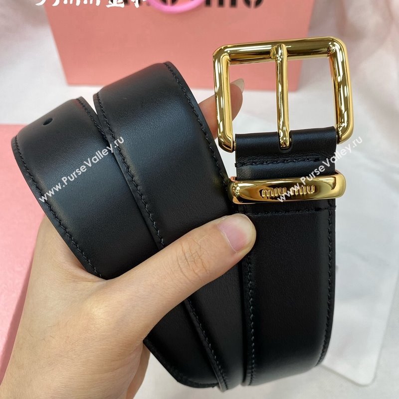 Miu Miu Leather Belt 3.5cm Black/Shiny Gold 2024 5432 (99-240131155)