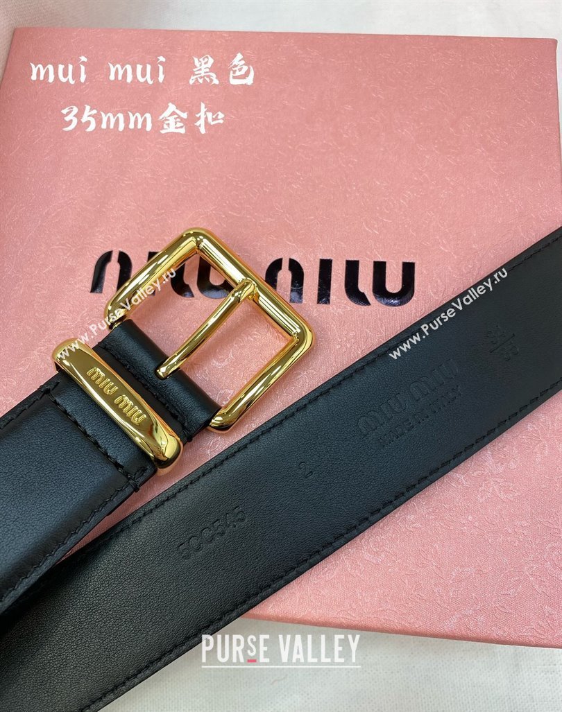 Miu Miu Leather Belt 3.5cm Black/Shiny Gold 2024 5432 (99-240131155)