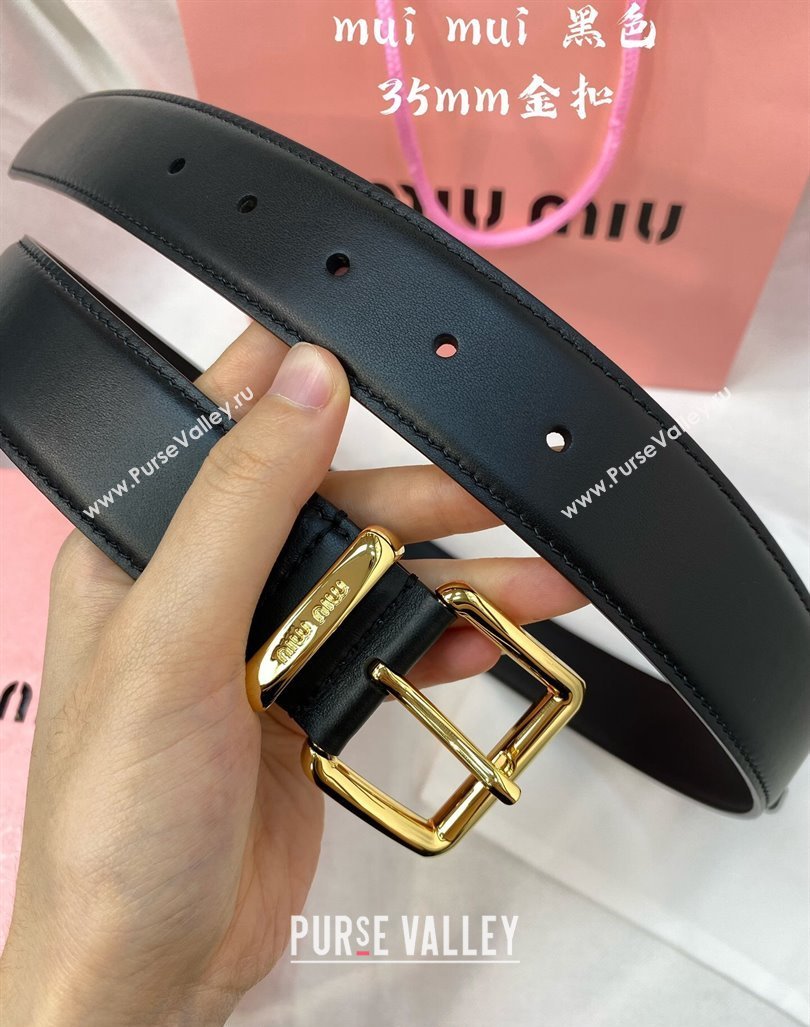 Miu Miu Leather Belt 3.5cm Black/Shiny Gold 2024 5432 (99-240131155)