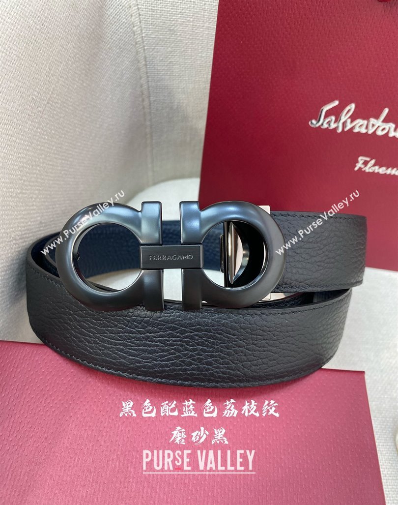 Ferragamo Litchi-Grained Calfskin Leather Belt 3.5cm Black/Blue/Black Buckle 2024 FG0131 (99-240131161)