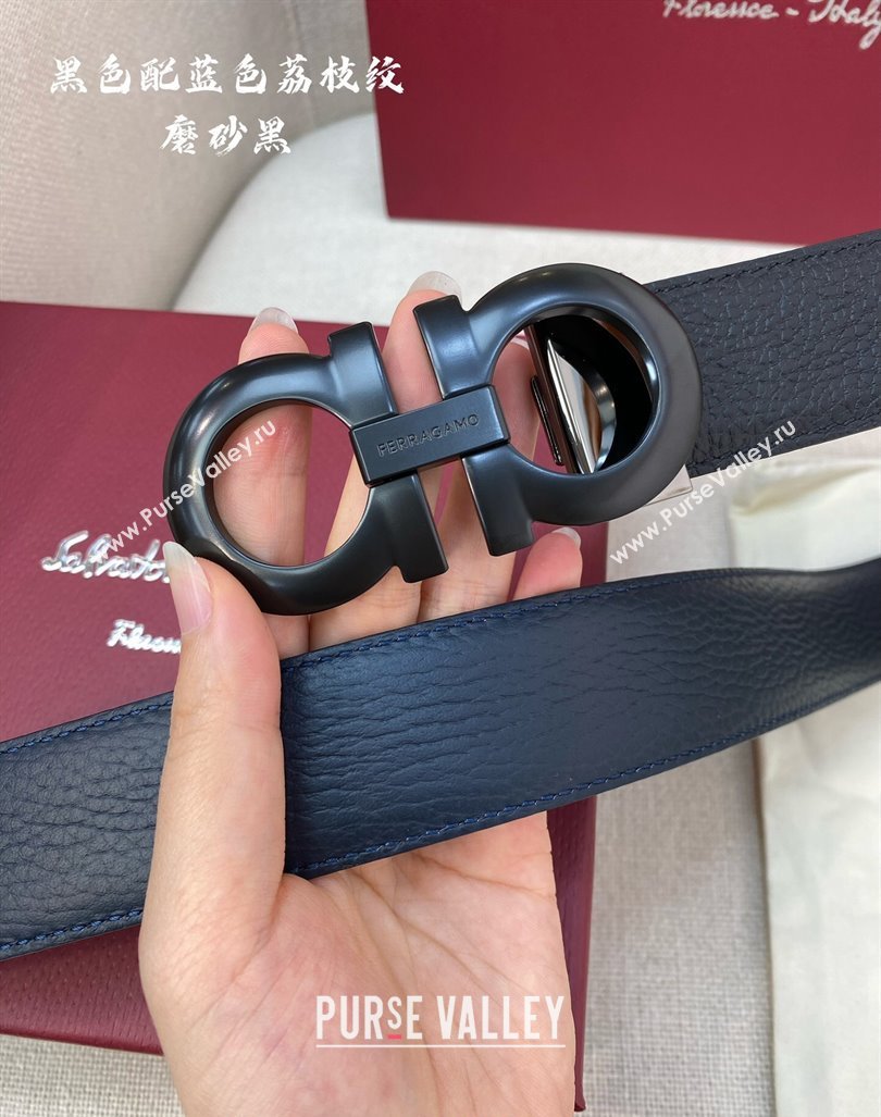 Ferragamo Litchi-Grained Calfskin Leather Belt 3.5cm Black/Blue/Black Buckle 2024 FG0131 (99-240131161)