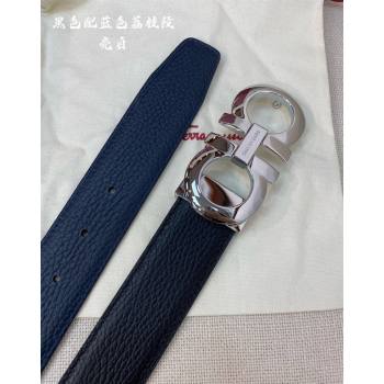 Ferragamo Litchi-Grained Calfskin Leather Belt 3.5cm Black/Blue/Silver 2024 FG0131 (99-240131162)