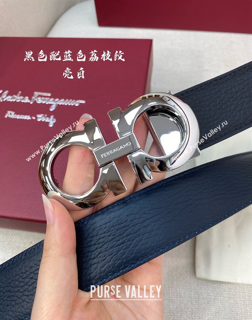 Ferragamo Litchi-Grained Calfskin Leather Belt 3.5cm Black/Blue/Silver 2024 FG0131 (99-240131162)