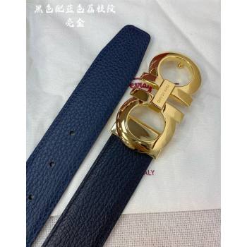 Ferragamo Litchi-Grained Calfskin Leather Belt 3.5cm Black/Blue/Gold 2024 FG0131 (99-240131163)