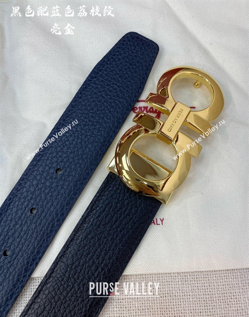 Ferragamo Litchi-Grained Calfskin Leather Belt 3.5cm Black/Blue/Gold 2024 FG0131 (99-240131163)