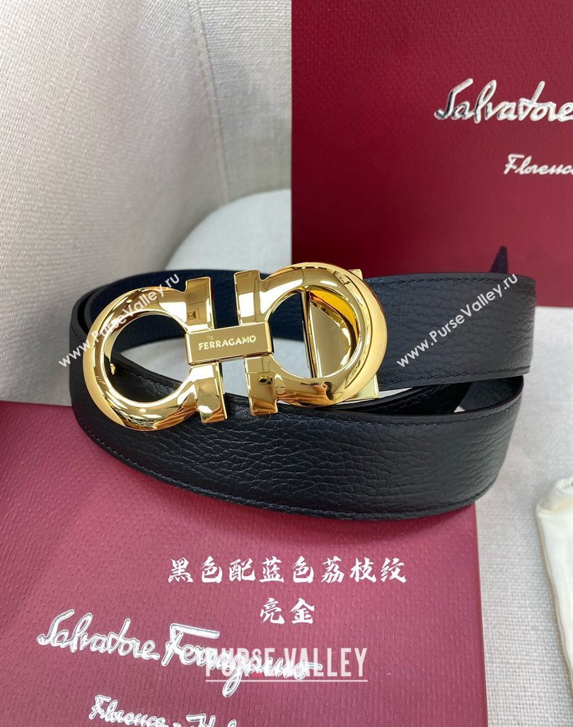 Ferragamo Litchi-Grained Calfskin Leather Belt 3.5cm Black/Blue/Gold 2024 FG0131 (99-240131163)