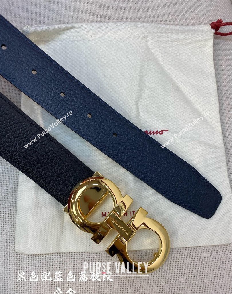 Ferragamo Litchi-Grained Calfskin Leather Belt 3.5cm Black/Blue/Gold 2024 FG0131 (99-240131163)