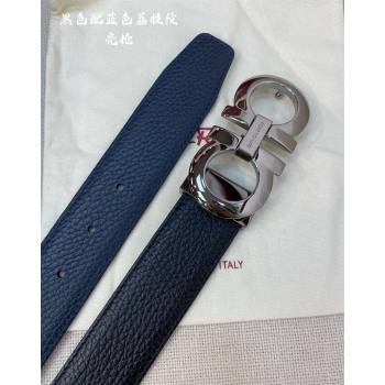 Ferragamo Litchi-Grained Calfskin Leather Belt 3.5cm Black/Blue/Gunmetal 2024 FG0131 (99-240131164)