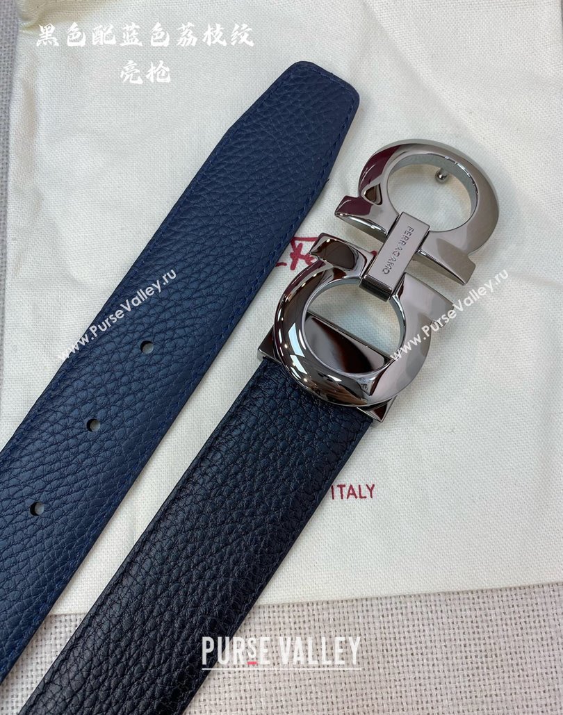 Ferragamo Litchi-Grained Calfskin Leather Belt 3.5cm Black/Blue/Gunmetal 2024 FG0131 (99-240131164)