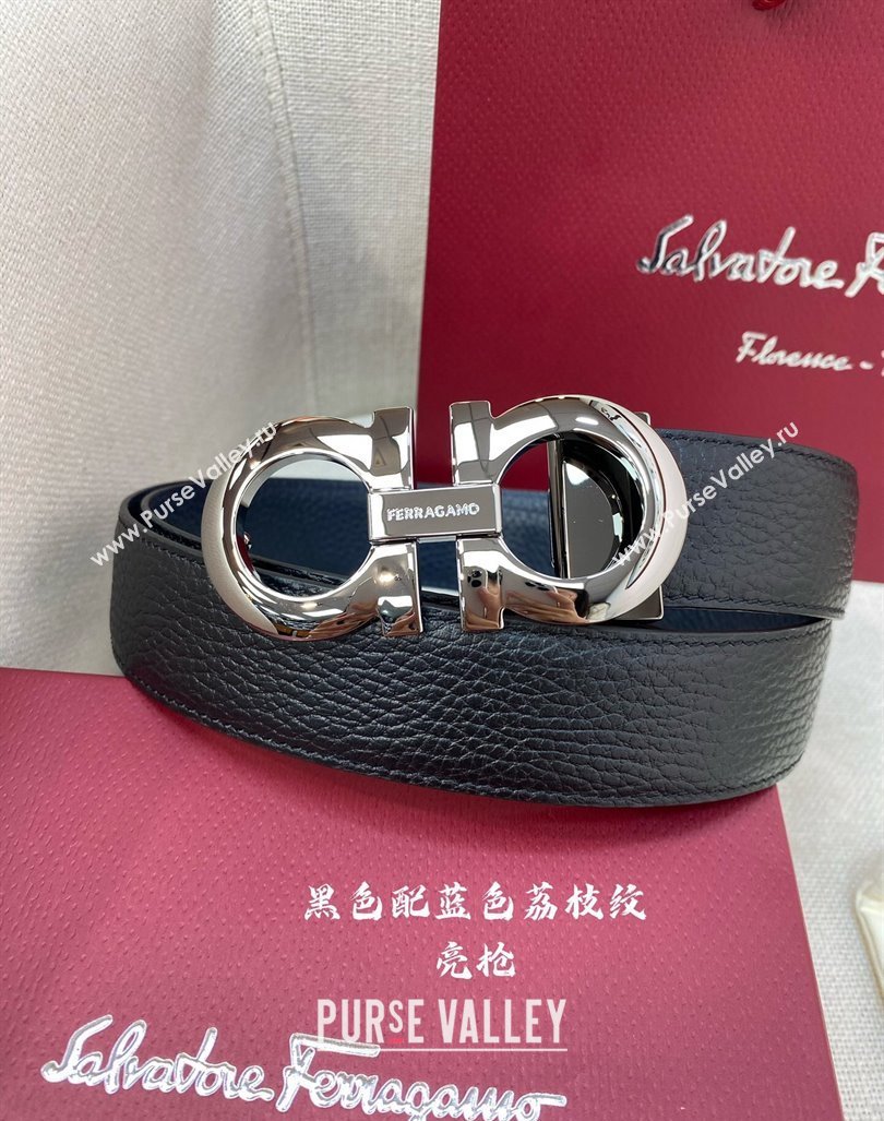 Ferragamo Litchi-Grained Calfskin Leather Belt 3.5cm Black/Blue/Gunmetal 2024 FG0131 (99-240131164)