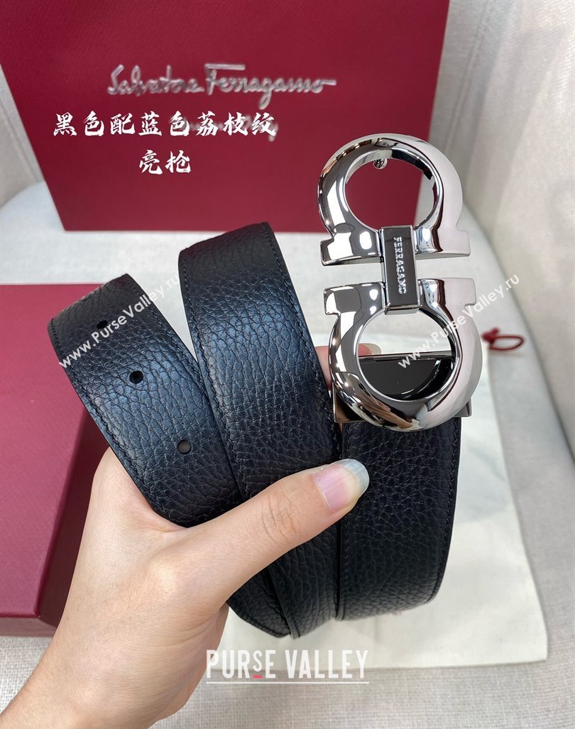 Ferragamo Litchi-Grained Calfskin Leather Belt 3.5cm Black/Blue/Gunmetal 2024 FG0131 (99-240131164)