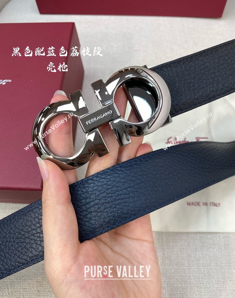 Ferragamo Litchi-Grained Calfskin Leather Belt 3.5cm Black/Blue/Gunmetal 2024 FG0131 (99-240131164)