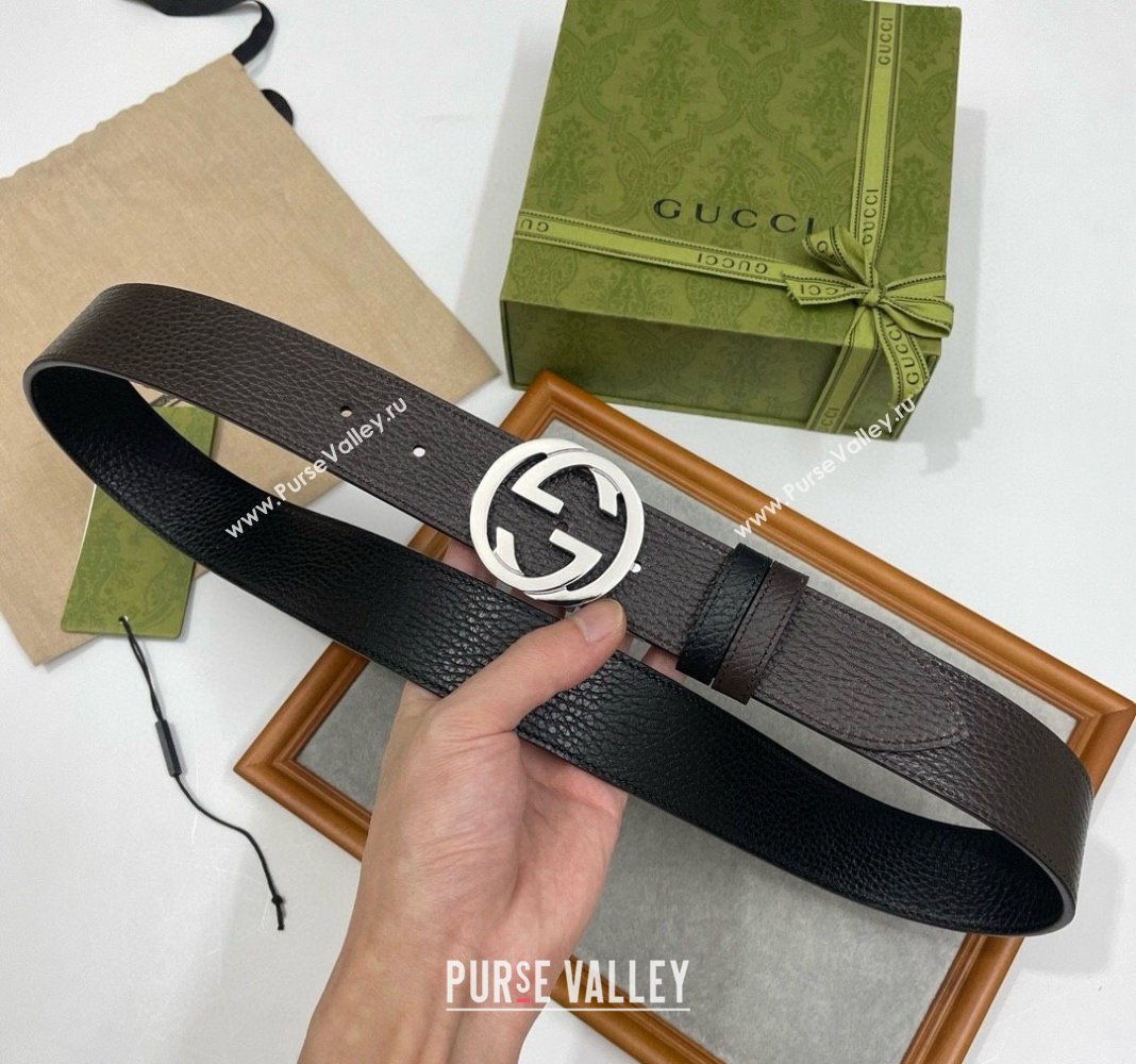 Gucci Grained Calfskin Leather Belt 3.8cm with Interlocking G Buckle Black /Silver 2 2024 0131 (99-240131171)